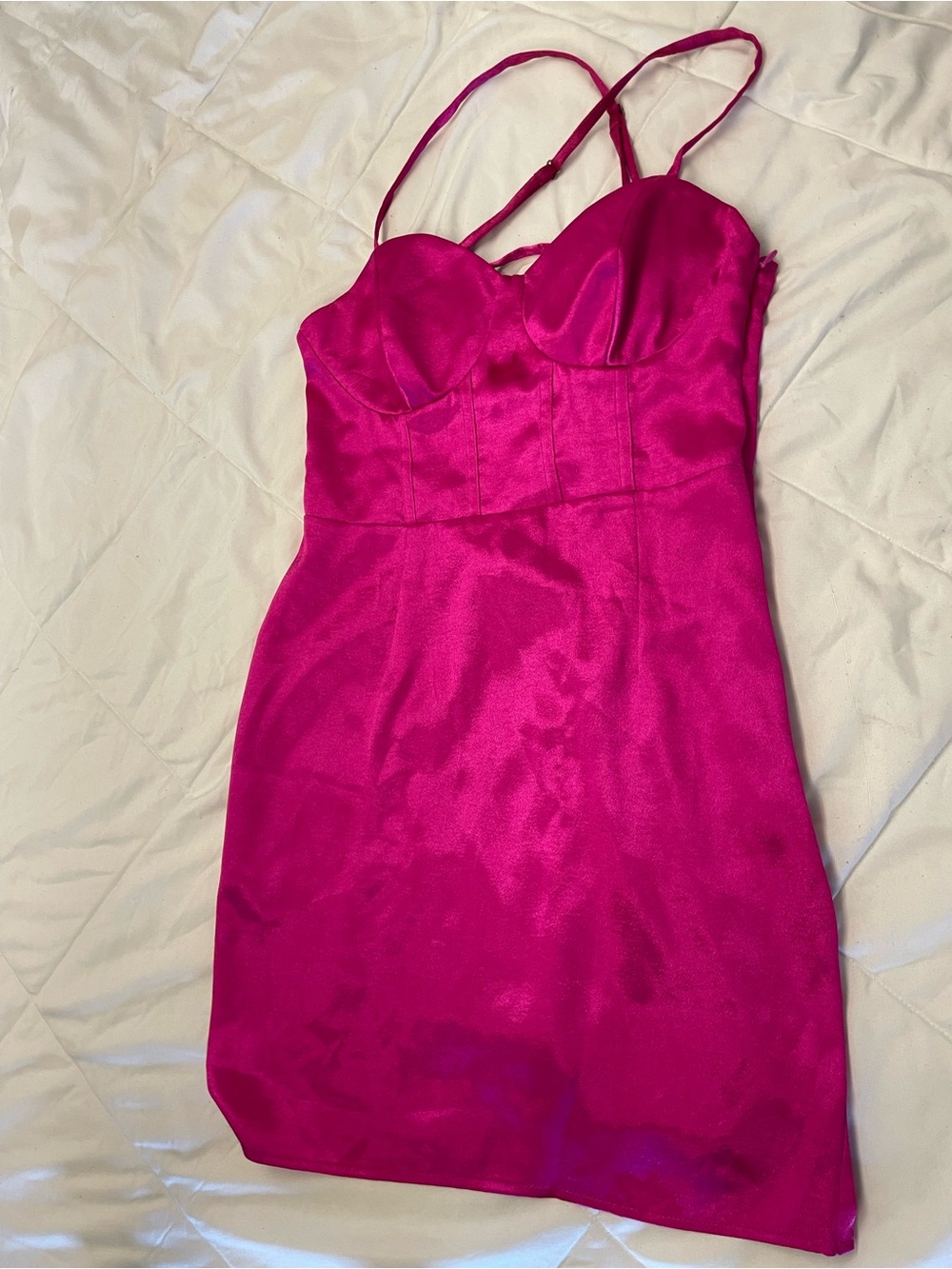 Hot pink satin mini dress with corset top and tie back